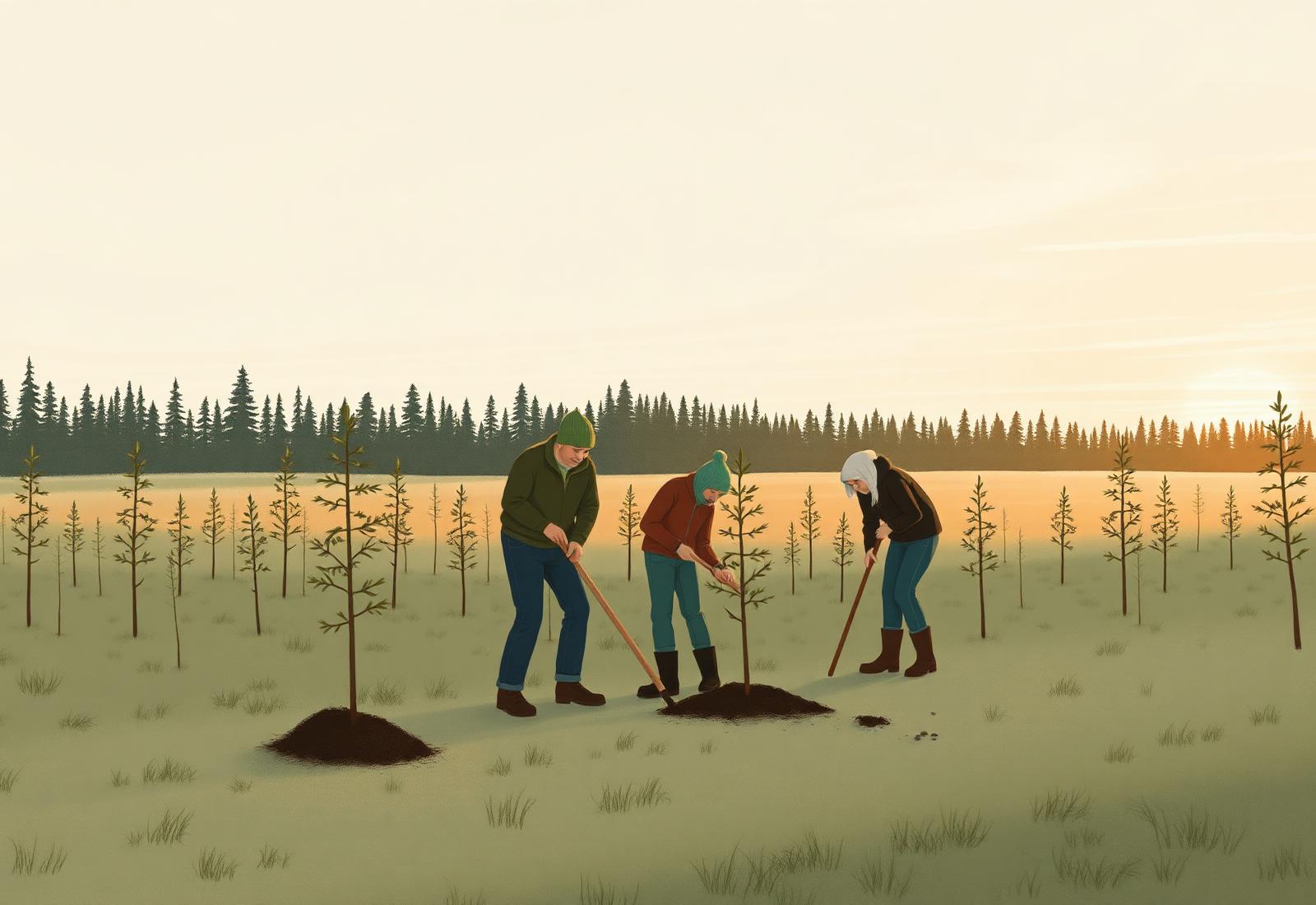 Three people planting saplings in a Canadian clearing at golden hour