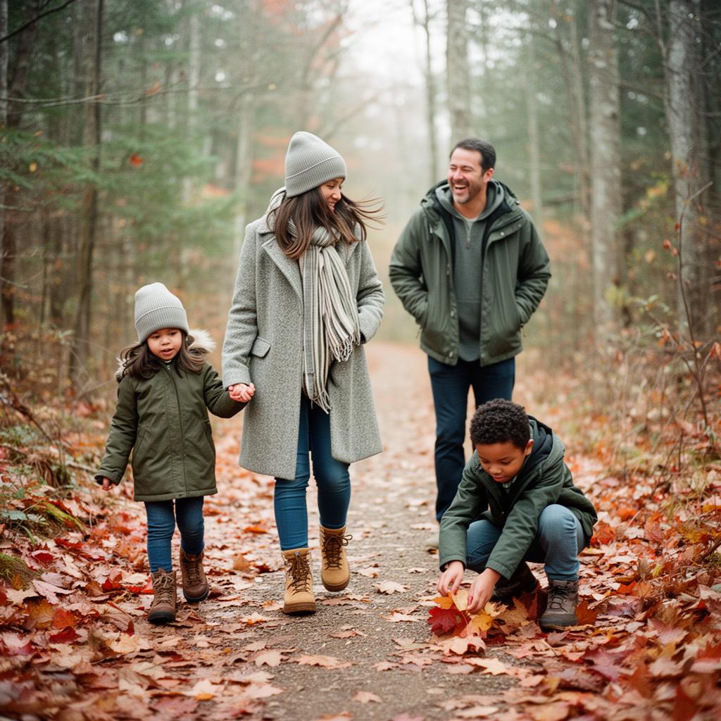 A multi-generational family walking together through an autumn Canadian forest