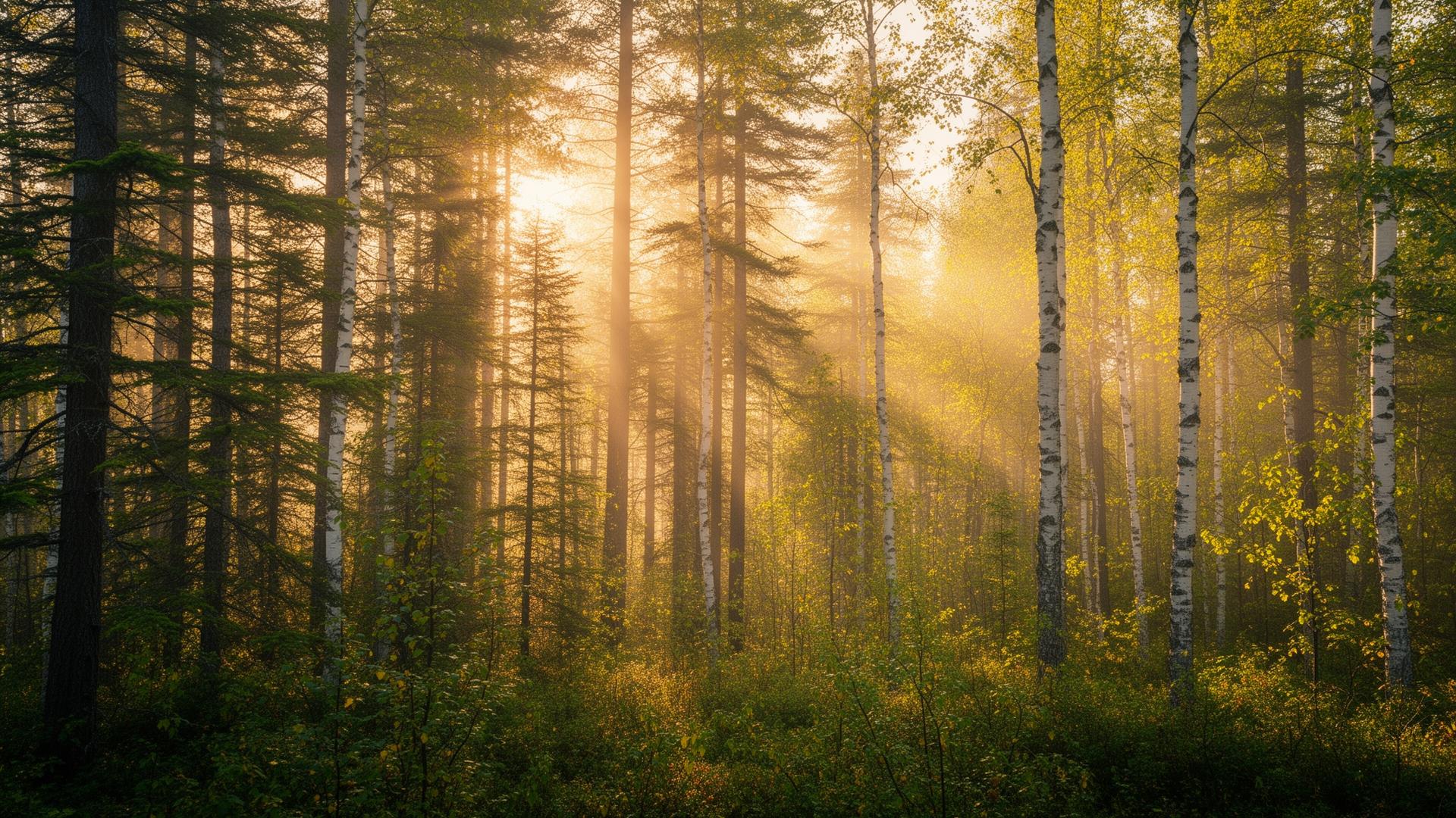 Sunlight filtering through a misty Canadian forest of birch and pine